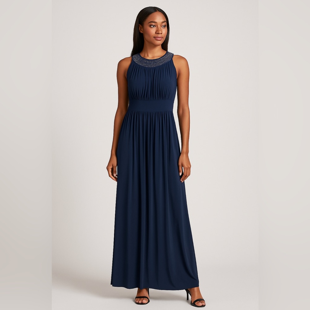 NWOT! Haani Elegant Beaded Neckline Navy Maxi Dress - M